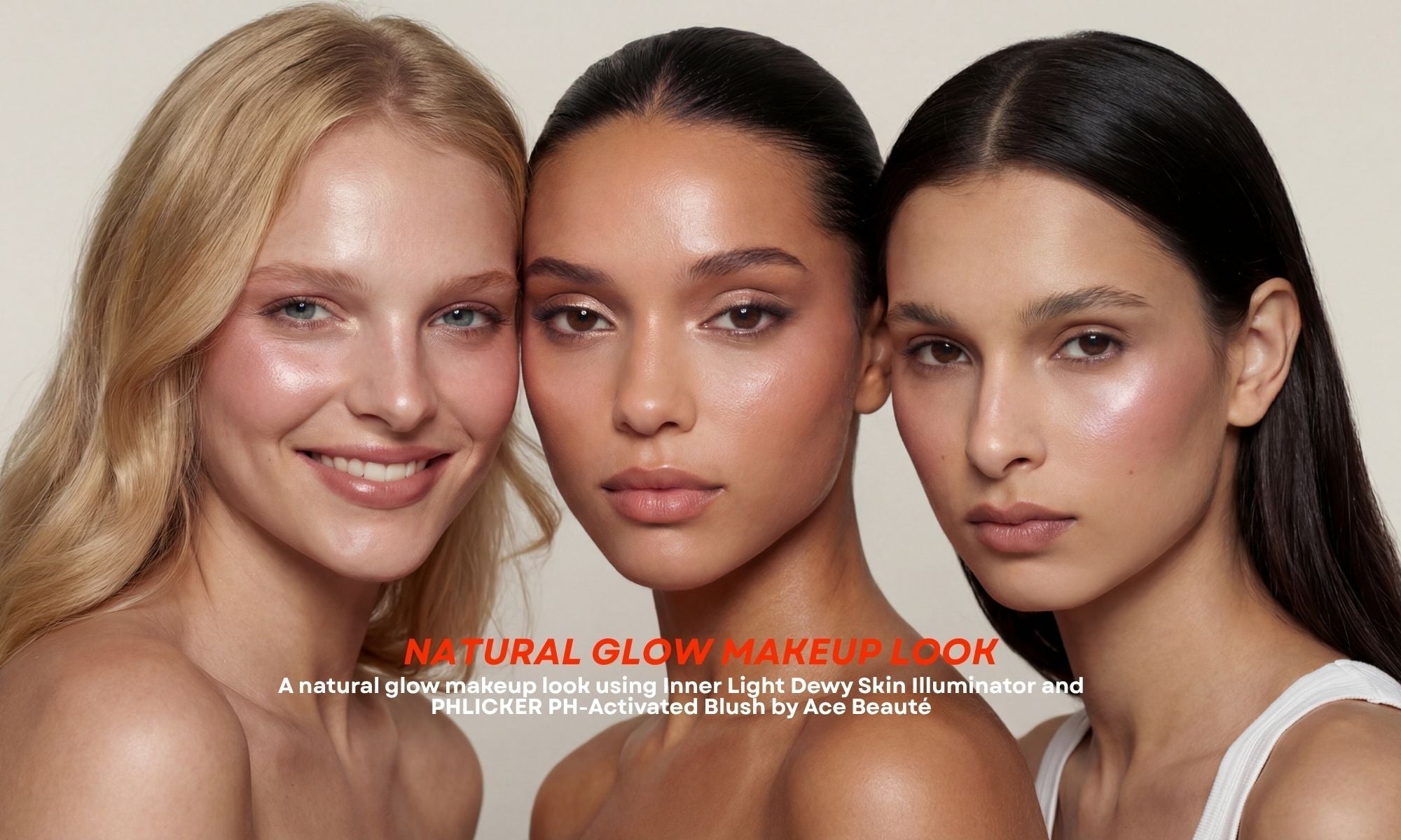 Natural glow makeup look with cream blush and liquid illuminator by Ace Beauté