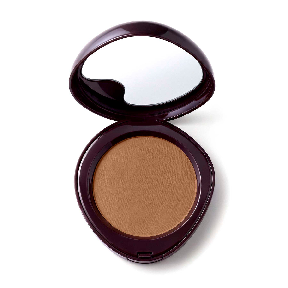 An open makeup compact with a round mirror in the lid and a warm tan-brown pressed powder pan, shown on a clean white background.